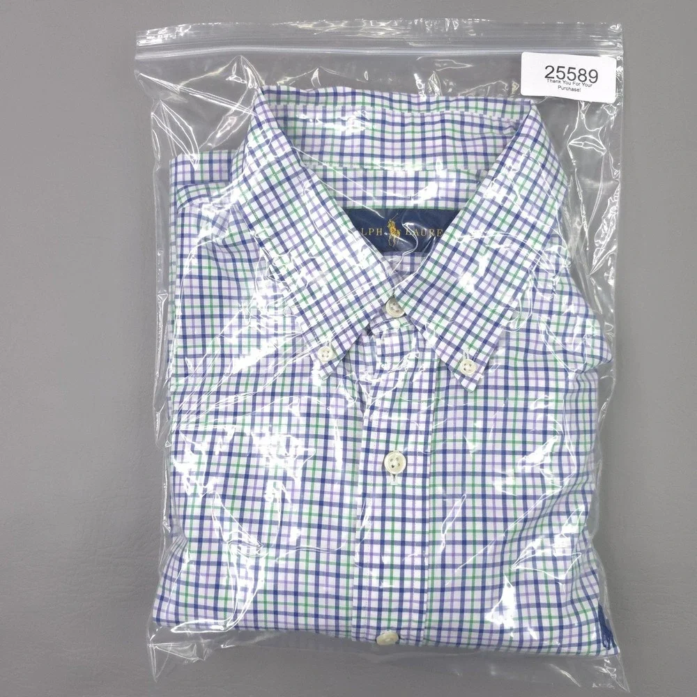 Ralph Lauren Shirt Mens Large Blue Green Check Long Sleeve Button Down Cotton